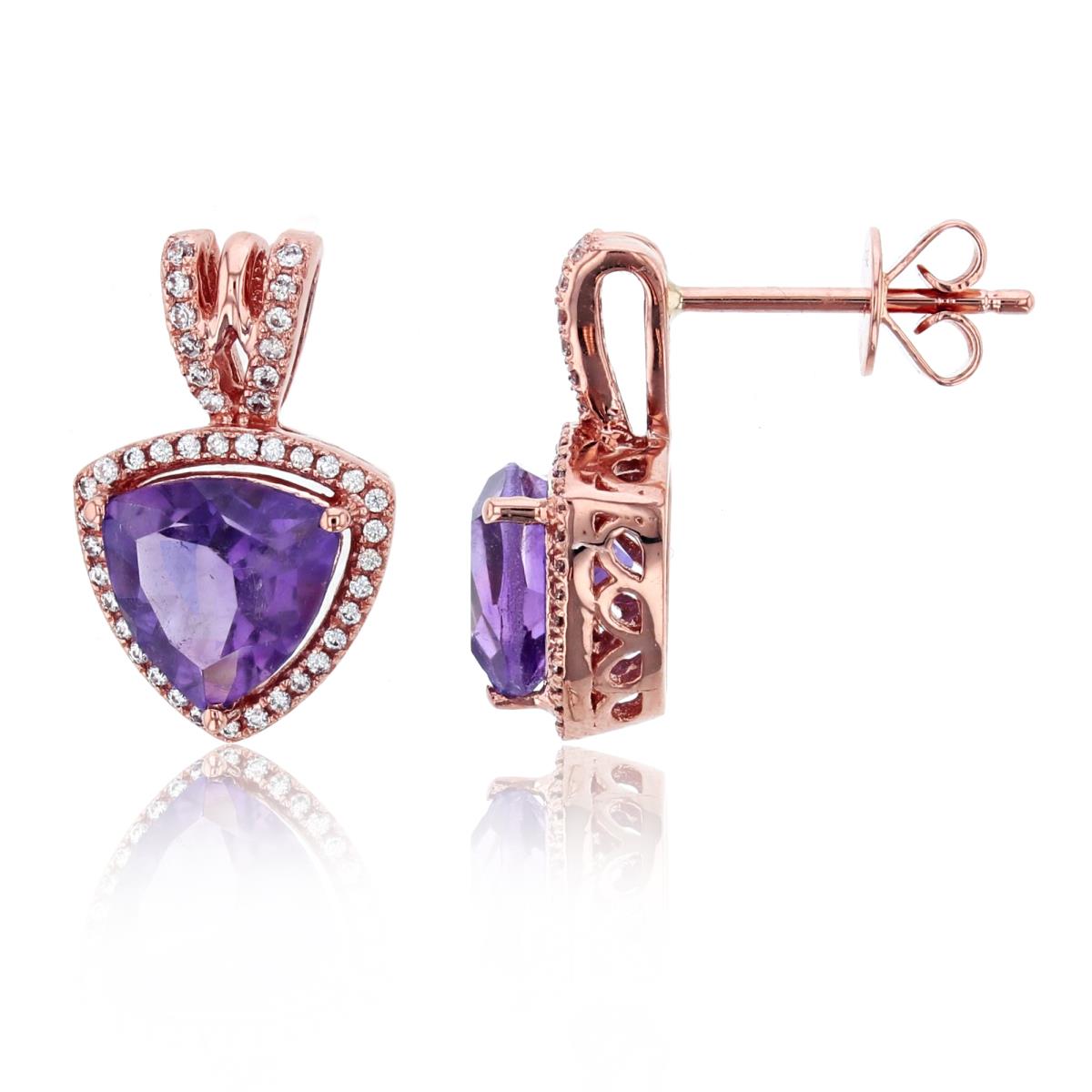 10K Rose Gold 7mm Trill Amethyst & 0.20 CTTW Rd Diamond Triangle Earring with Silicone Back