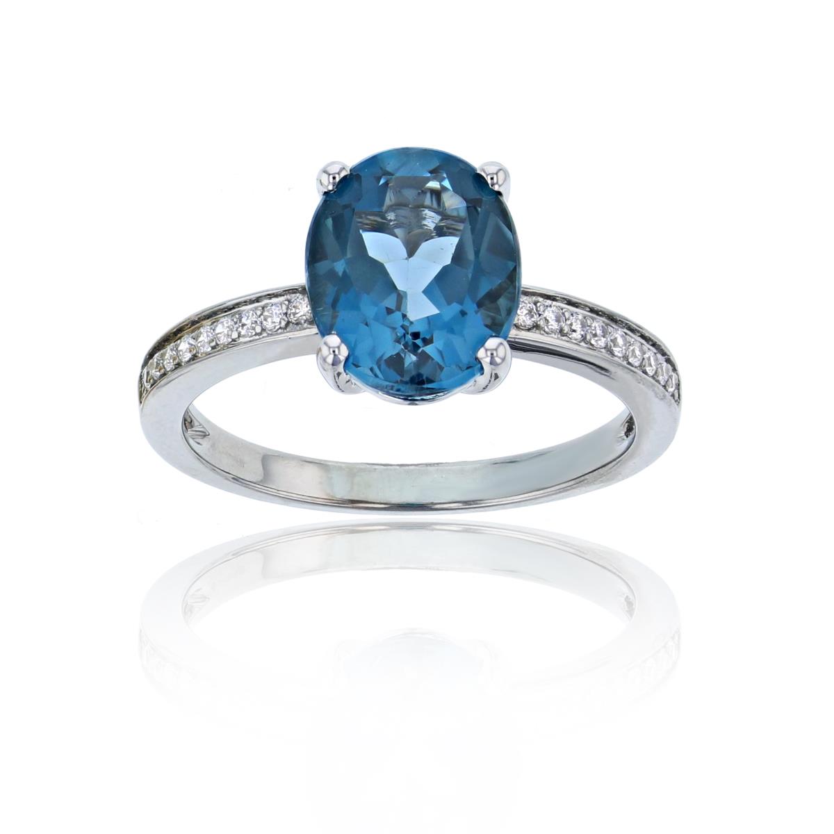 10K White Gold 10x8mm Oval London Blue Topaz & Channel Set CZ Eng Ring