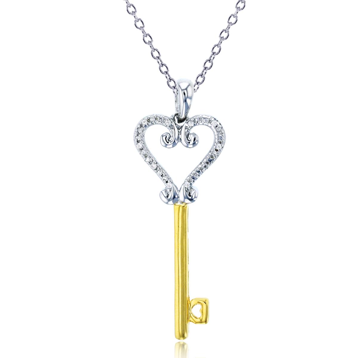 14K Yellow & Sterling Silver Rhodium Key with Heart Top 18"Necklace