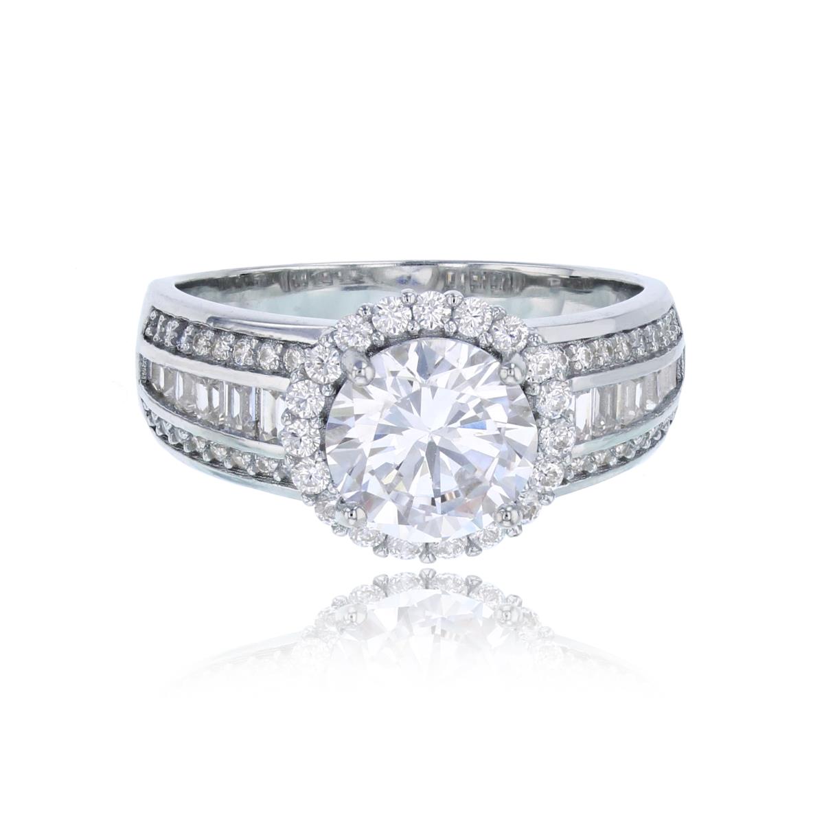 Sterling Silver Rhodium 8mm Round Cut CZ Halo with Micropave Rd & Baguette Sides Eng Ring