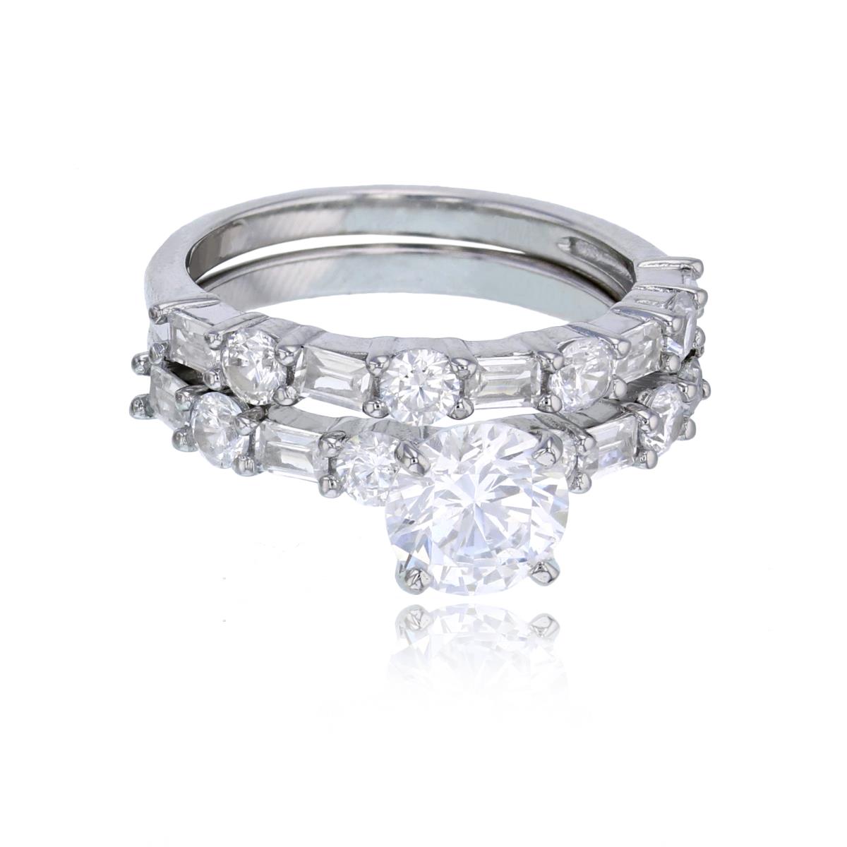 Sterling Silver Rhodium 7mm Rd Cut CZ with Pave Rd & Baguette Band Wedding Set Duo Rings