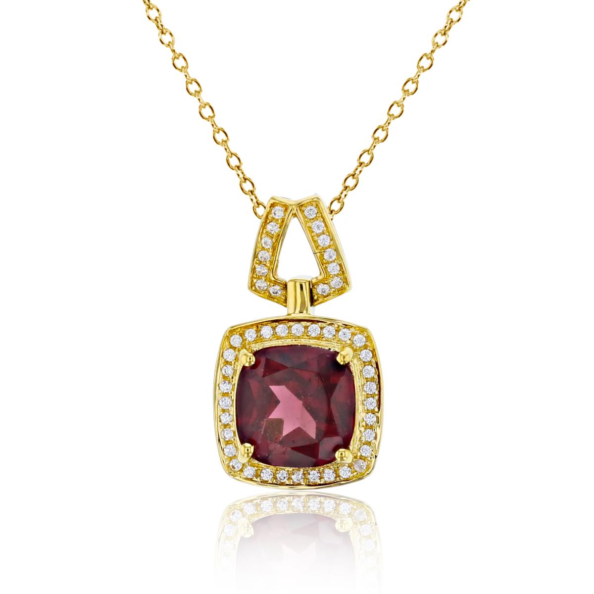 10K Yellow Gold 0.10 CTTW Diamond & 7mm Cush Garnet Halo 18"Necklace