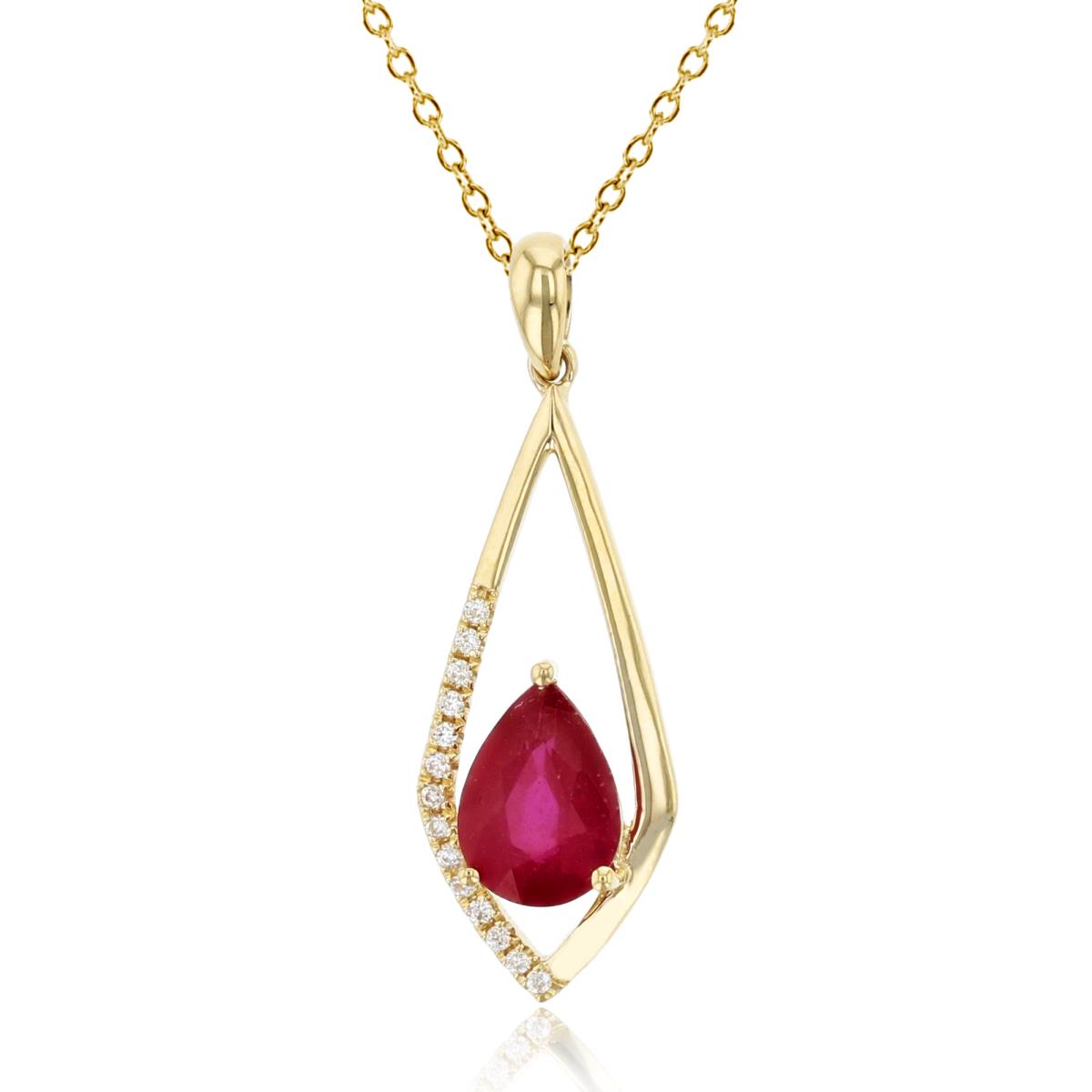 10K Yellow Gold 0.07 CTTW Diamond & 7x5mm PS Glass Filled Ruby Open Rhomb Dangling 18"Necklace