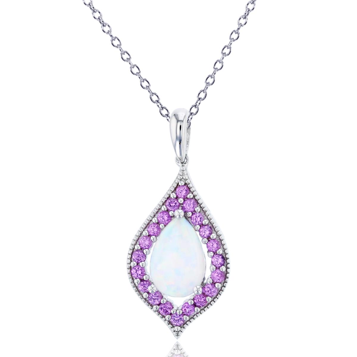 Sterling Silver Rhodium 9x6mm Pear Cr Opal & 1.5mm Rd Cr Pink Sapphire 18"Necklace
