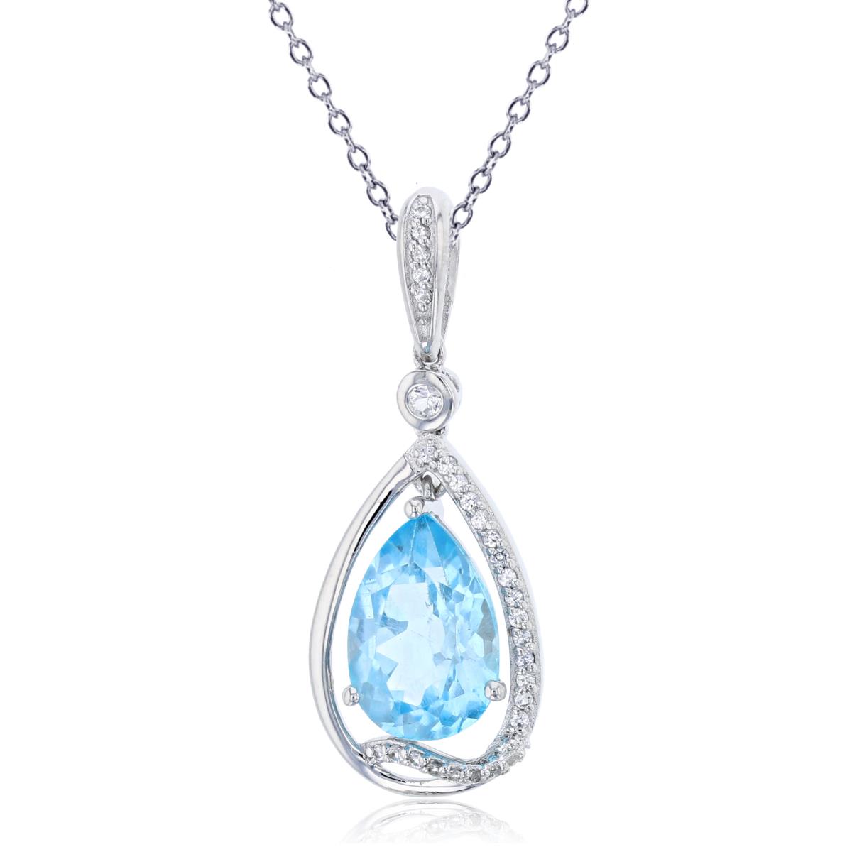 Sterling Silver Rhodium 12x8mm Pear Swiss Blue Topaz & 1mm/2mm Rd Cr White Sapphire Dangling 18"Necklace