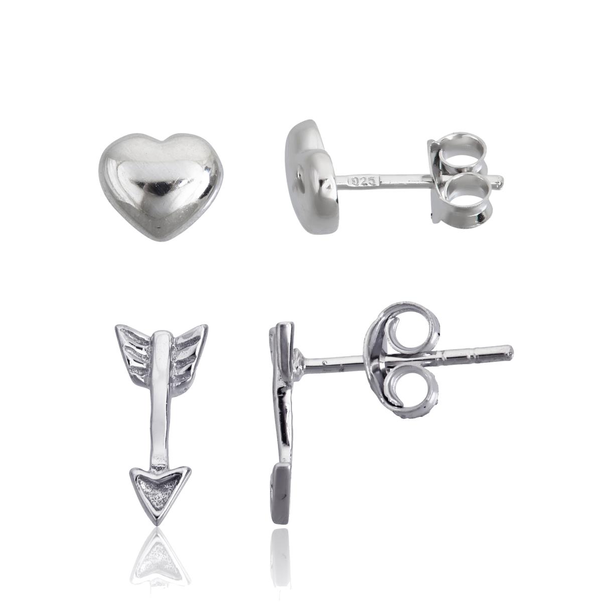 Sterling Silver Rhodium High Polish Heart & Arrow Stud Earring Set