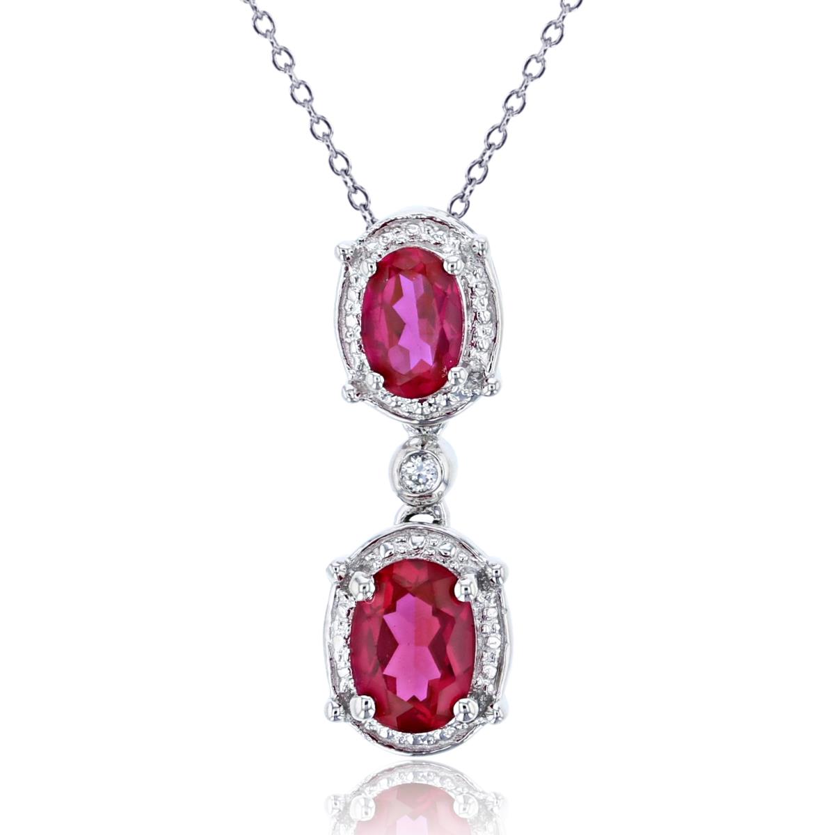 Sterling Silver Rhodium 7x5mm/6x4mm Oval Cr Ruby & 1.5mm Cr White Sapphire Dangling 18"Necklace