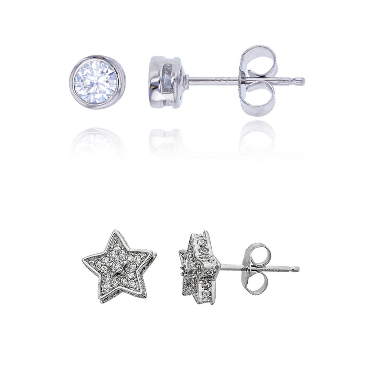 Sterling Silver Rhodium Star & 4mm Round CZ Bezel Stud Earring Set