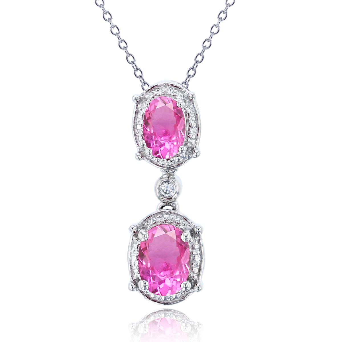 Sterling Silver Rhodium 7x5mm/6x4mm Oval Cr Pink Sapphire & 1.5mm Cr White Sapphire Dangling 18"Necklace