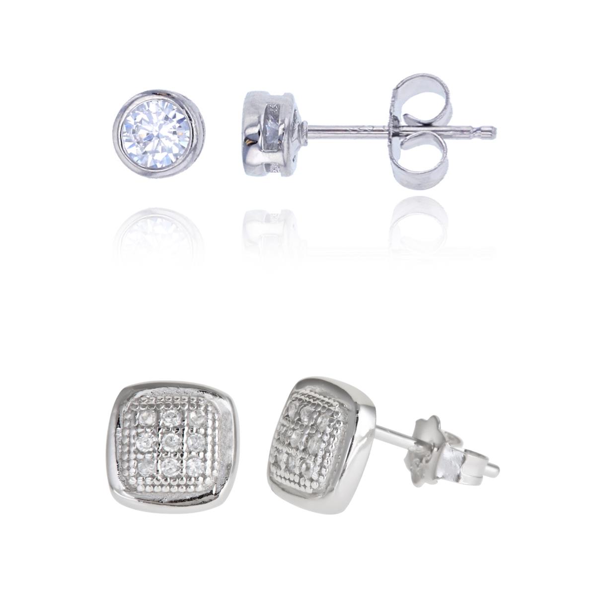 Sterling Silver Rhodium 3x3 Micropave Puffed Square & 4mm Round CZ Bezel Stud Earring Set