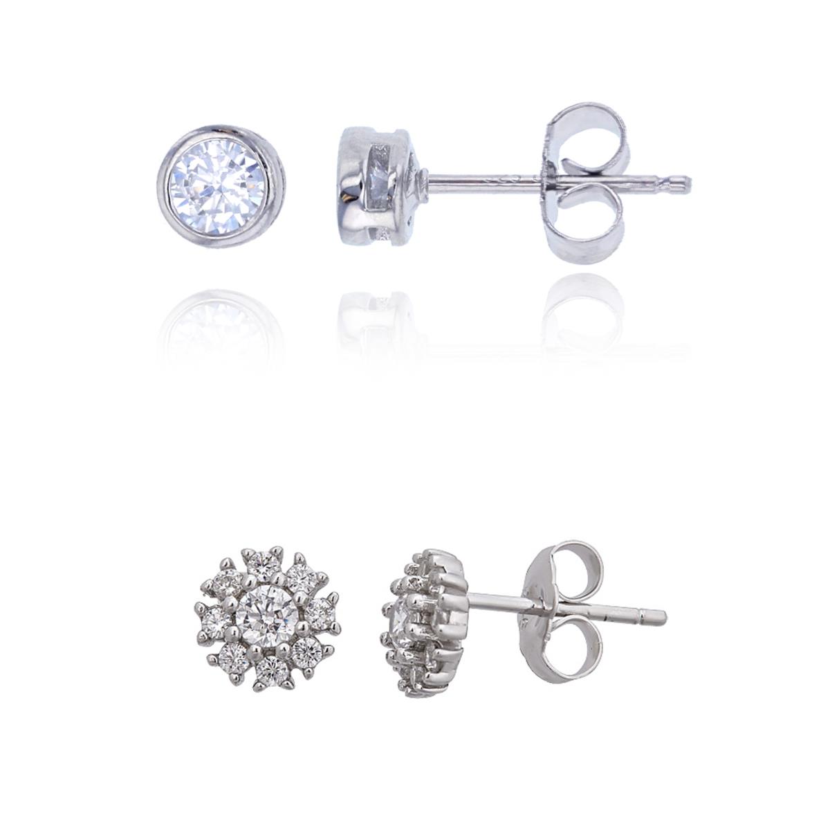 Sterling Silver 3Mm Round Pave & 4mm Round CZ Bezel Stud Earring Set