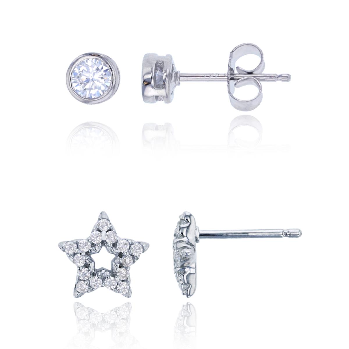 Sterling Silver Rhodium Micropave 7mm Open Center Star & 4mm Round CZ Bezel Stud Earring Set