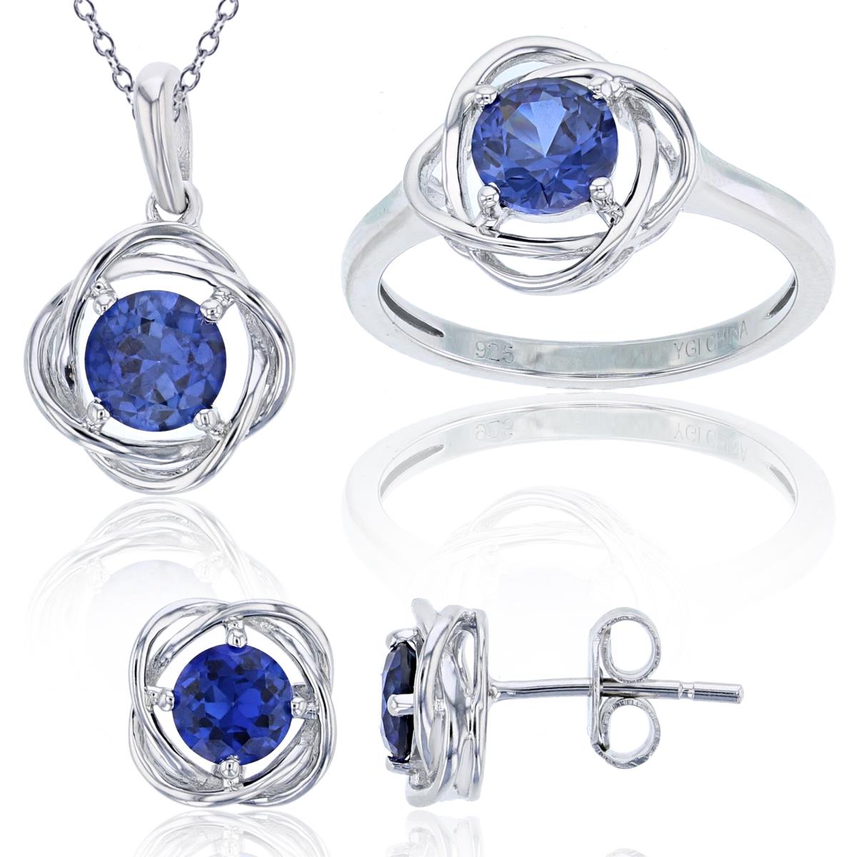Sterling Silver Rhodium Rnd Created Blue Sapphire 3-Items: Ring/Pendant/Earring Knot Set