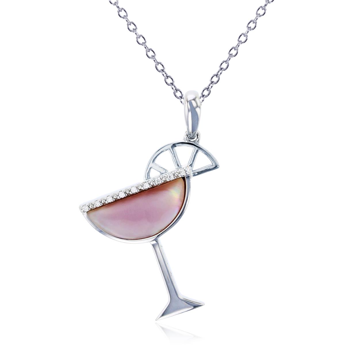 Sterling Silver Rhodium 0.02 CTTW Rnd Diamond & Pink Mop Inlay "Martini Glass" 18"Necklace