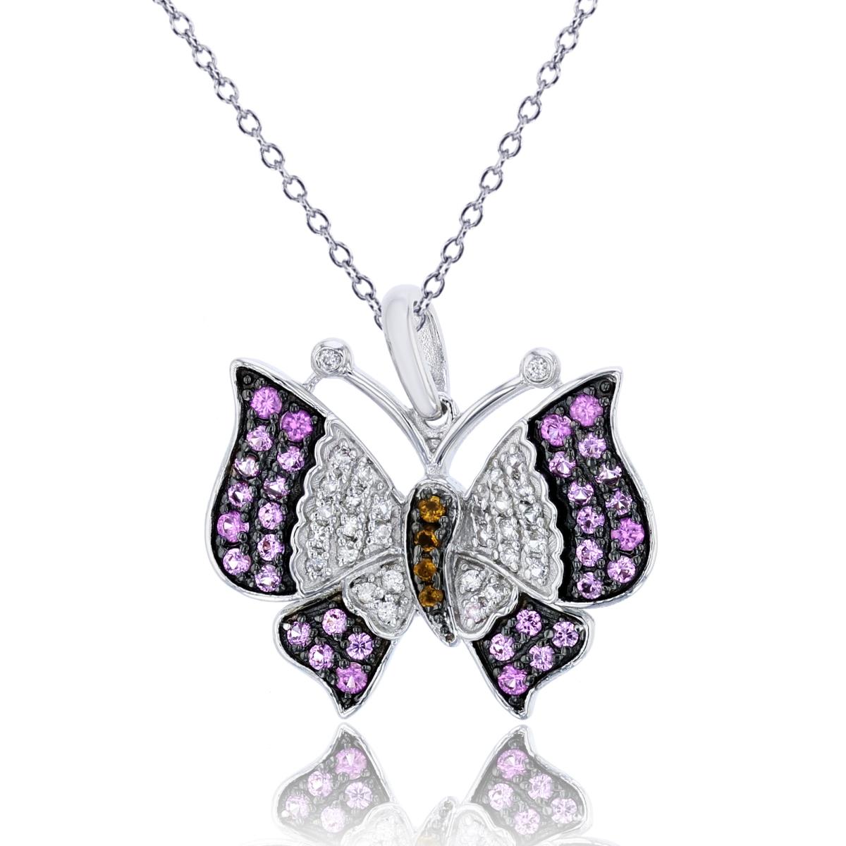 Sterling Silver Rhodium Rnd Multicolor Created Sapphire Butterfly 18"Necklace