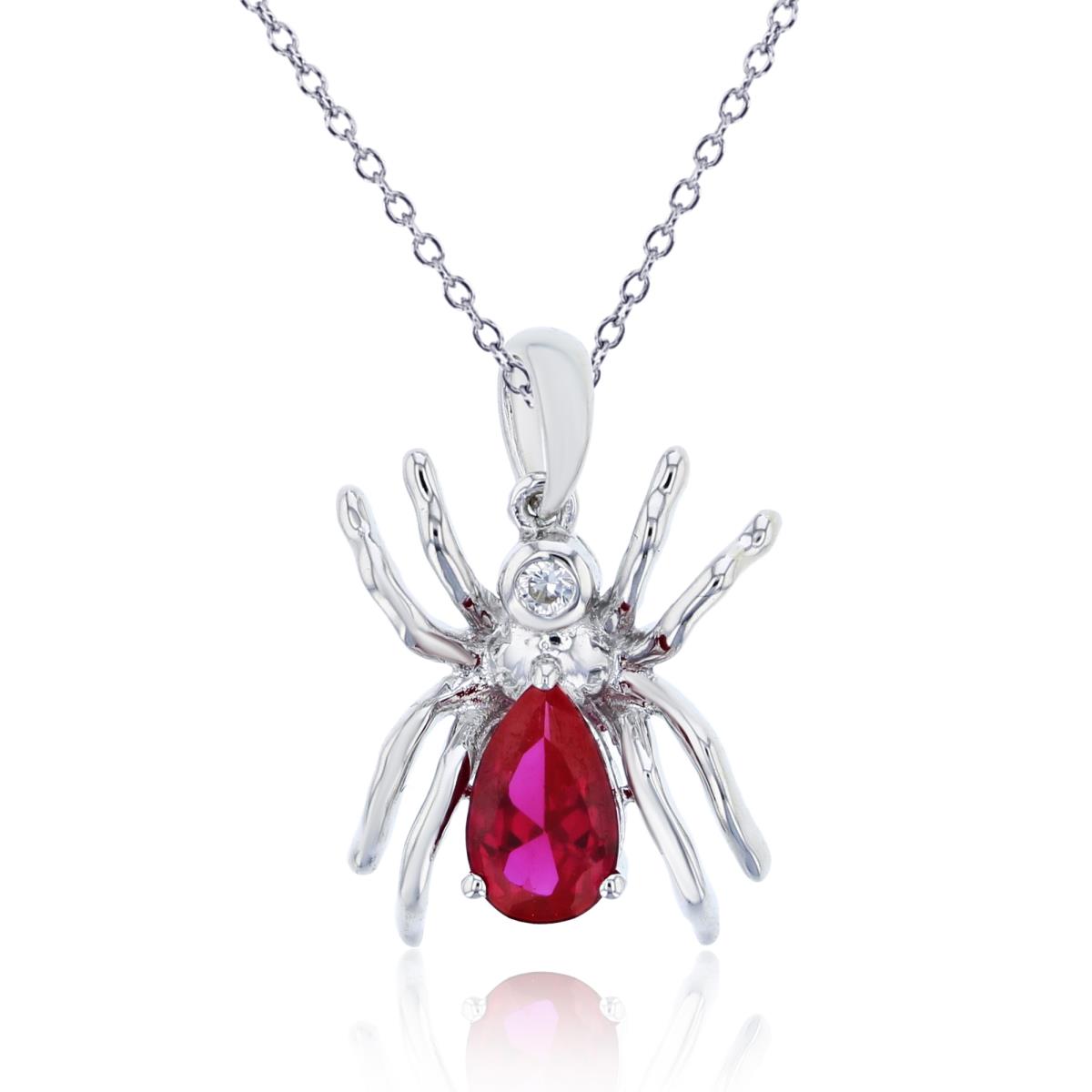 Sterling Silver Rhodium 8x5mm Pear Cr Ruby & 2mm Rd Cr White Sapphire Spider 18"Necklace