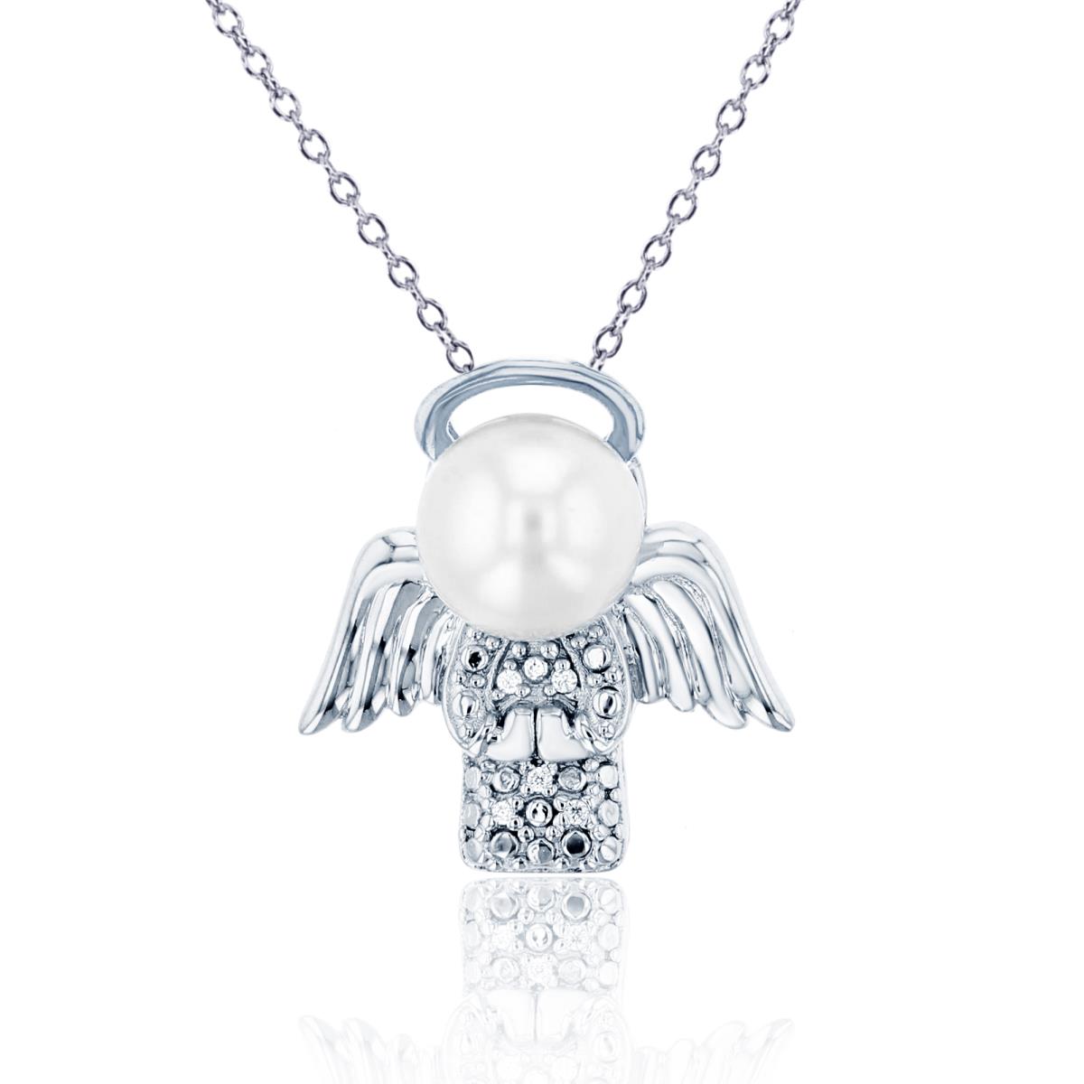 Sterling Silver Rhodium 0.01 CTTW Diamond & White Pearl Angel 18"Necklace