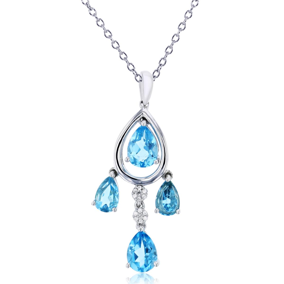 Sterling Silver Rhodium 0.03CTTW Diamonds & PS Swiss Blue Topaz Chandelier18"Necklace