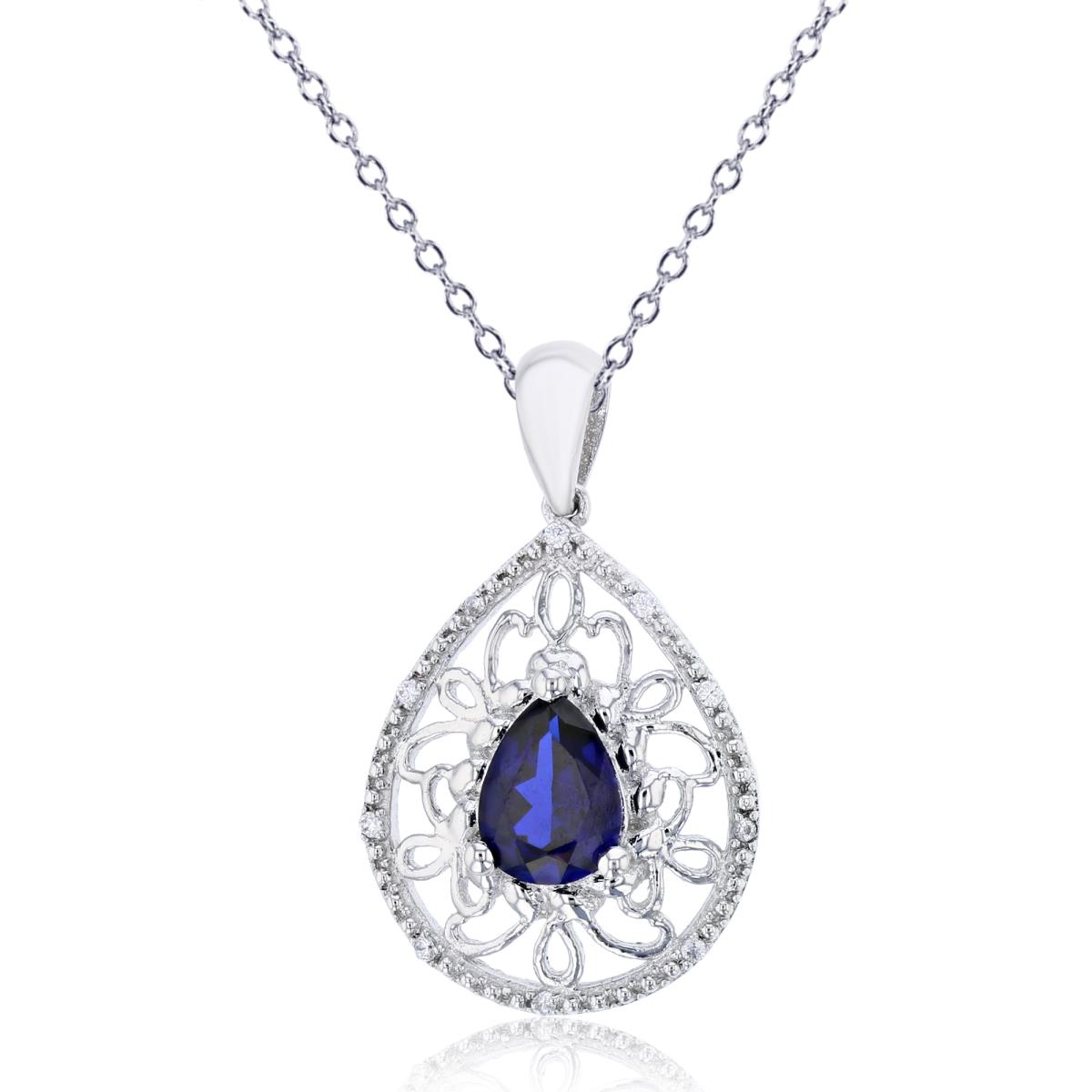 Sterling Silver Rhodium 8x5mm Pear Cr Sapphire & 0.05 CTTW Diamonds 18"Necklace