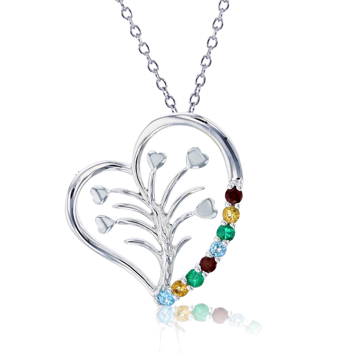 Sterling Silver Rhodium 2mm Rnd Multicolor Stones Heart/Tree inside 18"Necklace