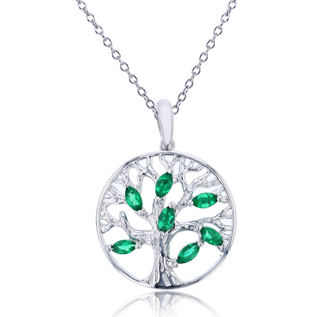 Sterling Silver Rhodium Marquise Created Emerald "Life of Tree" Circle 18"Necklace