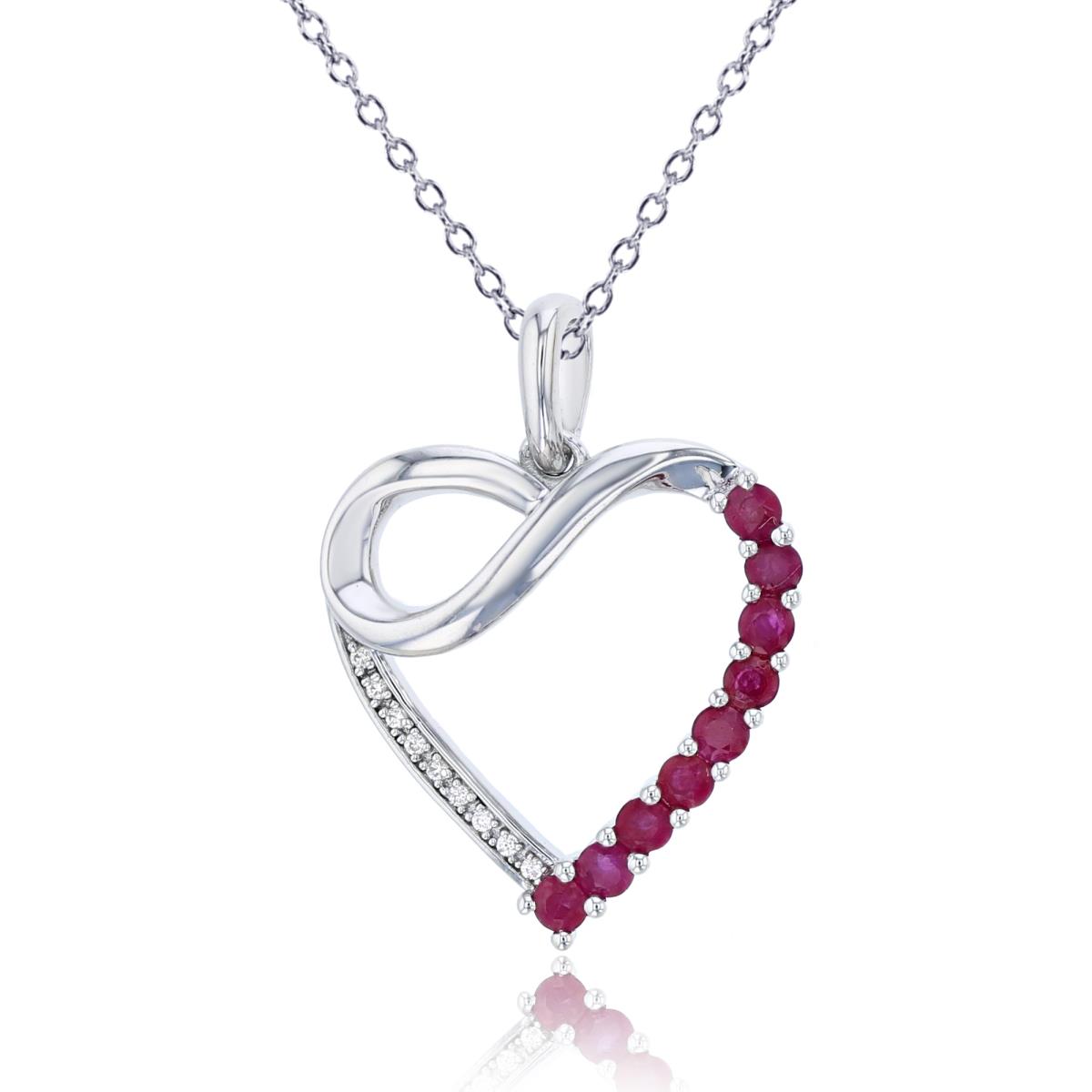 Sterling Silver Rhodium 0.02 CTTW Rnd Diamond & 2mm Rnd Ruby Open Heart 18"Necklace
