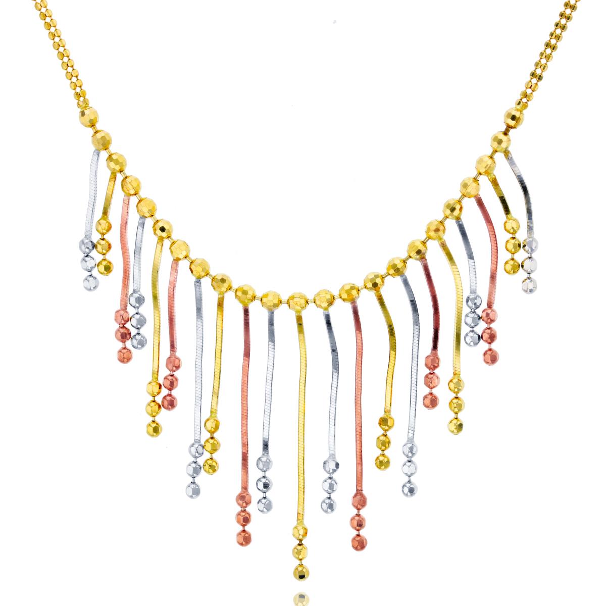 14K Tri-Color Gold DC Beaded Multi-Strings Dangling 17"+1" Necklace