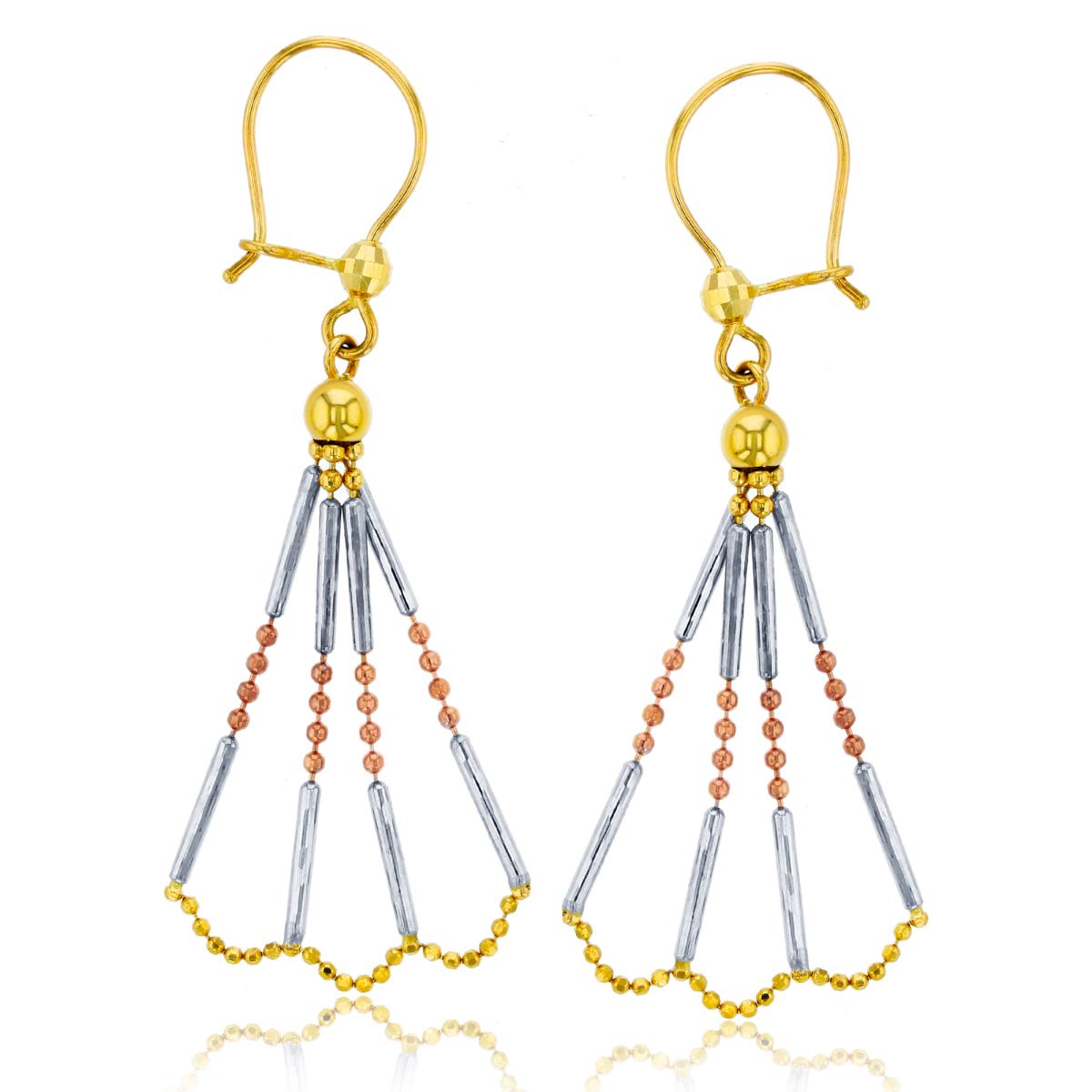 14K Tri-Color Gold Bead & Bar Multi-Strands Dangling Fishhook Earring