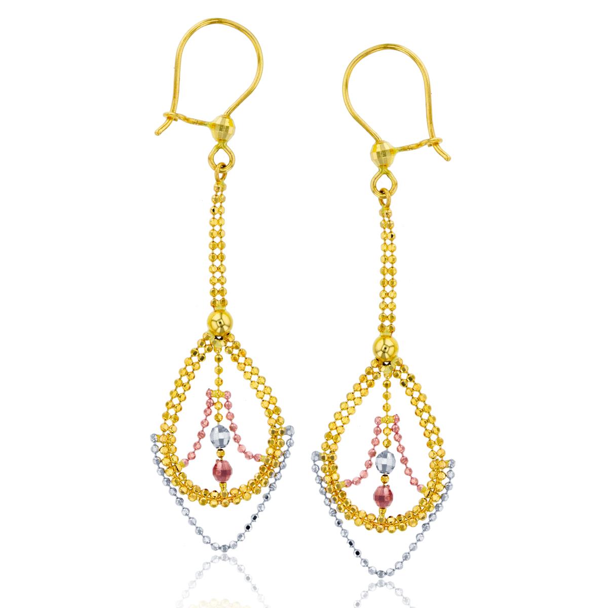 14K Tri-Color Gold Beaded Teardrop Dangling Fishhook Earring