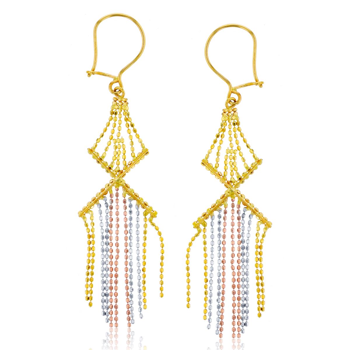 14K Tri-Color Gold DC Beaded "X" Shaped Dangling Fishhook Earring