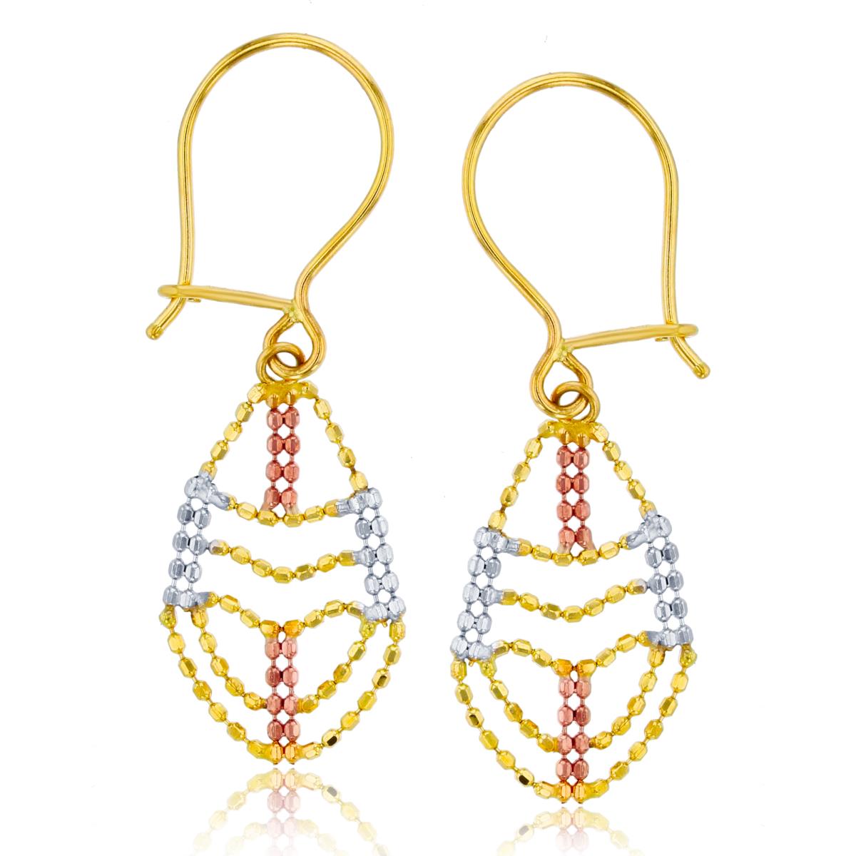 14K Tri-Color Gold Diamond Cut Teardrop Dangling Fishhook Earring