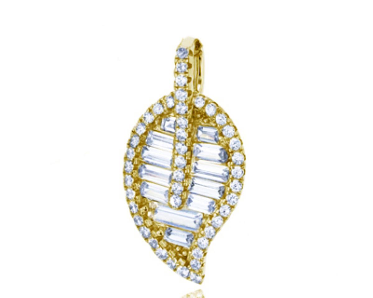 Sterling Silver Yellow 1-Micron Micropave Round and Baguette Leaf Pendant