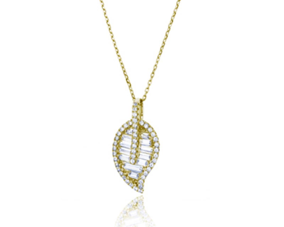 Sterling Silver Yellow 1-Micron Micropave Round and Baguette Leaf 18"+2" Extender Necklace