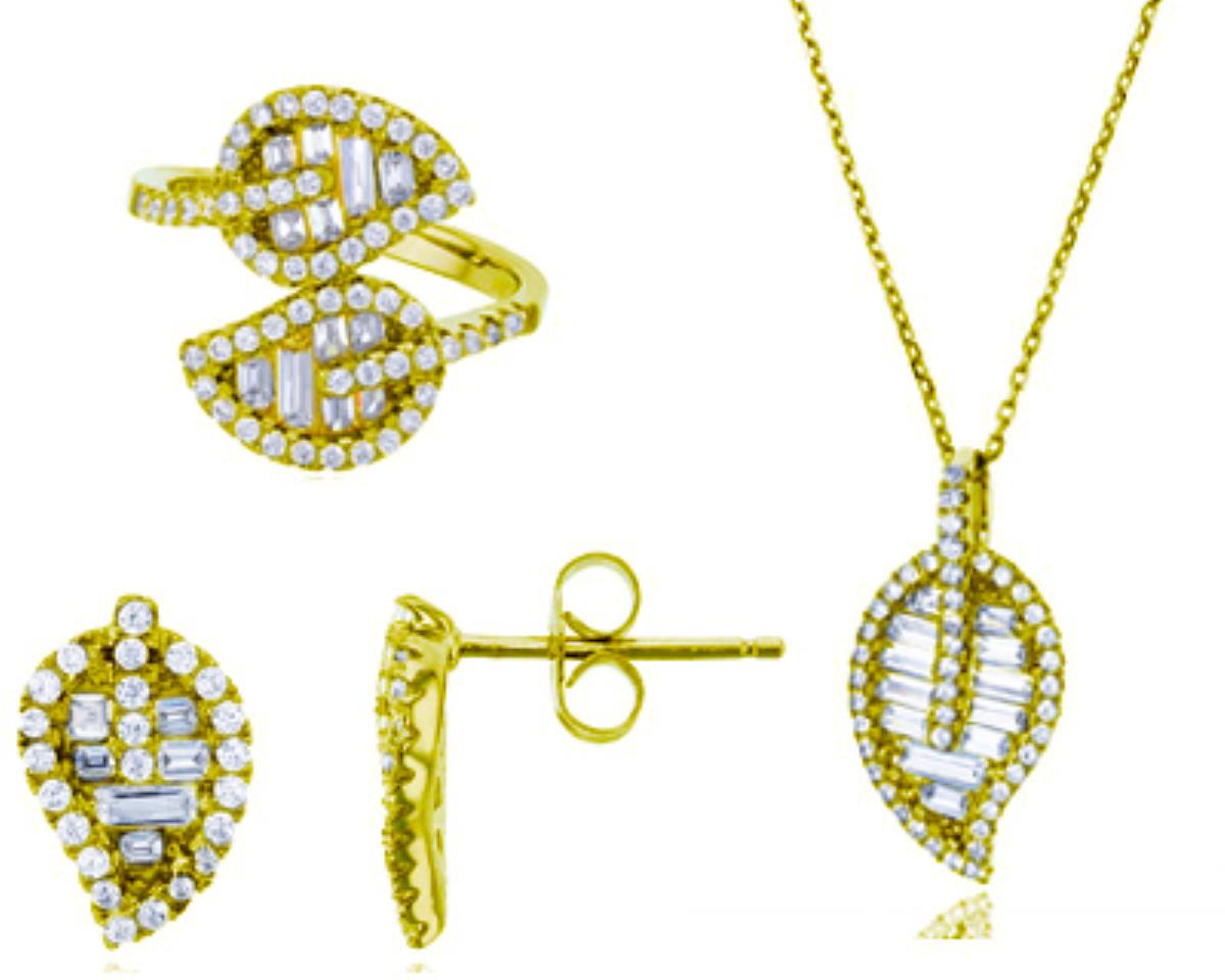 Sterling Silver Yellow 1-Micron Micropave Round and Baguette Leaf 18"+2" Necklace; Ring & Earring Set