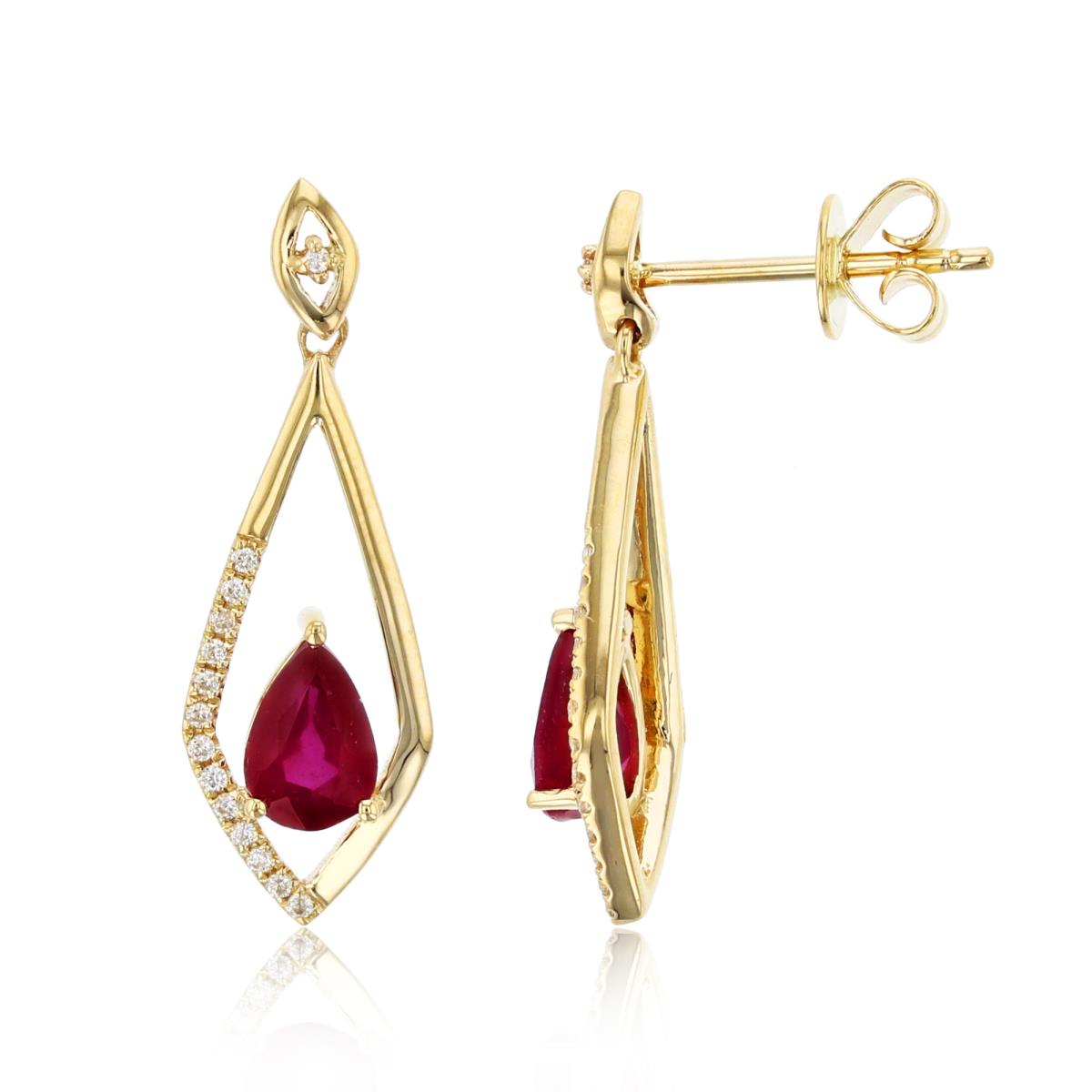 14K Yellow Gold 0.09cttw Rnd Diamonds & 6x4mm PS Glass Filled Ruby Open Rhomb-shape Dangling Earring