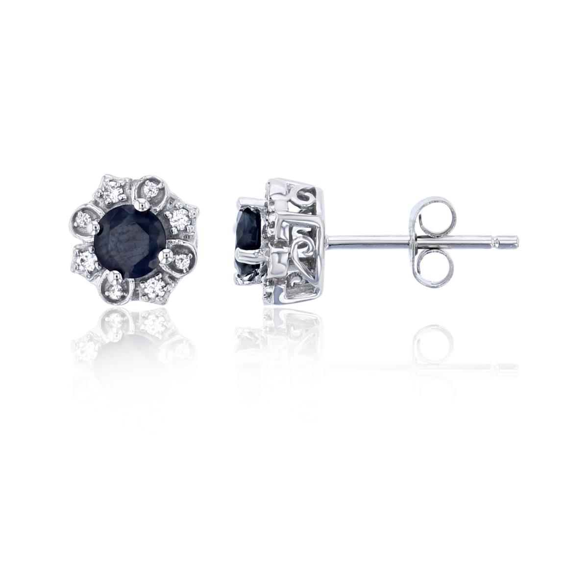 14K White Gold 0.07 CTTW Rnd Diamond & Rnd Blue Sapphire Flower Stud Earring