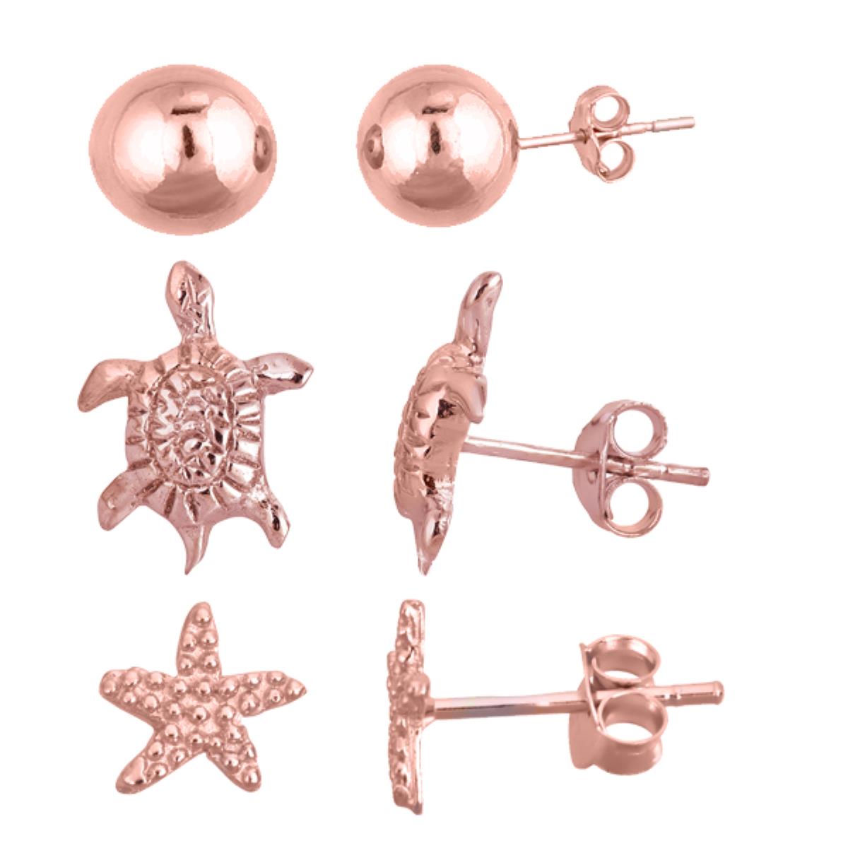 Sterling Silver Rose 6mm High Polish Ball, Starfish & Turtle Stud Earrings Set