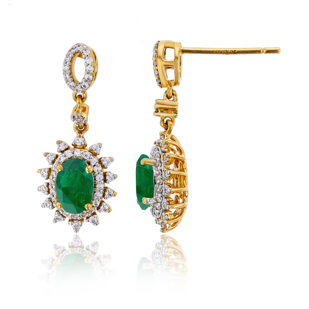 14K Yellow Gold 0.25 CTTW Rnd Diam & Ov Emerald Flower Dangling Earring