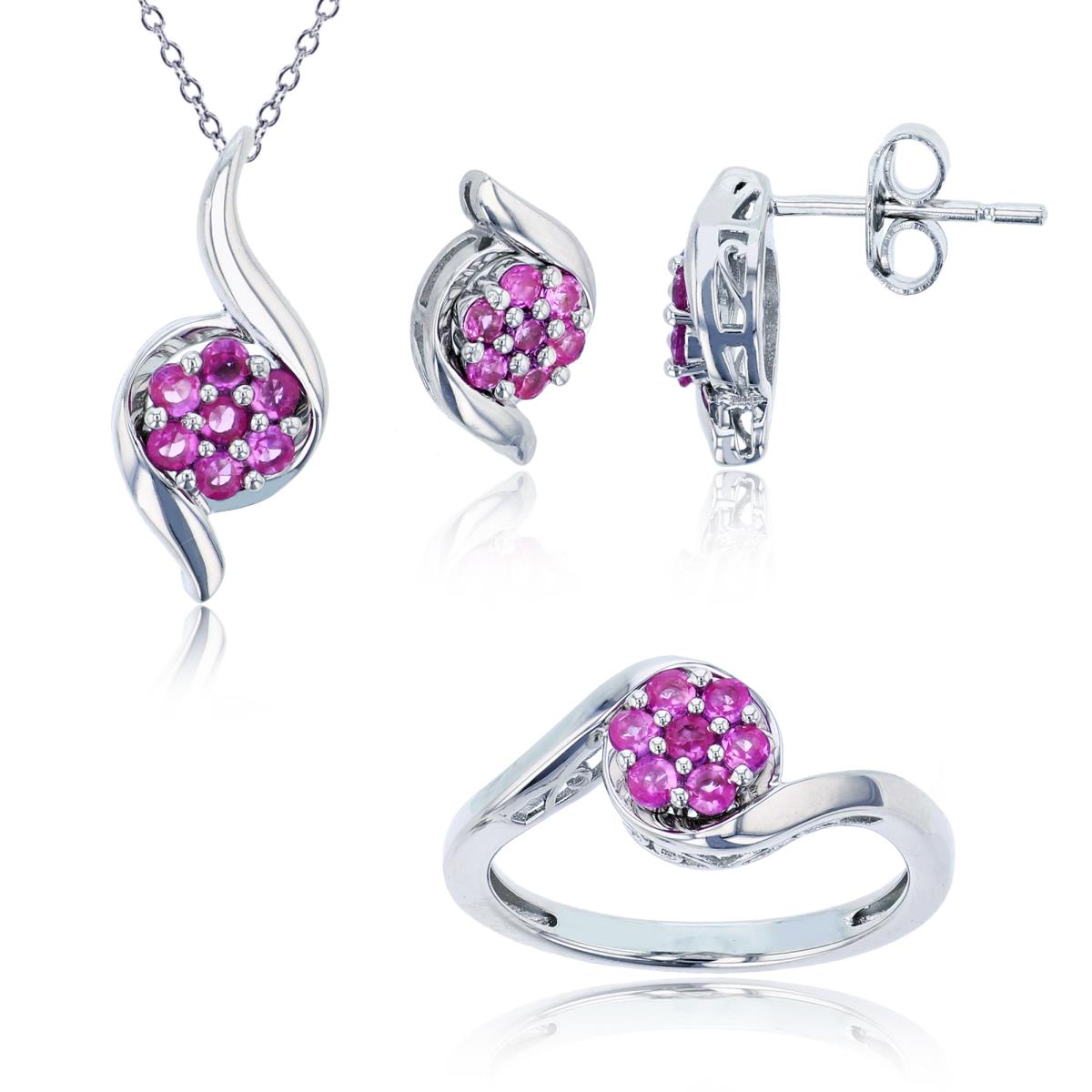 Sterling Silver Rhodium Rnd Cr Pink Sapphire 3-Units (Ring/18" Necklace/Earring) Flower Set