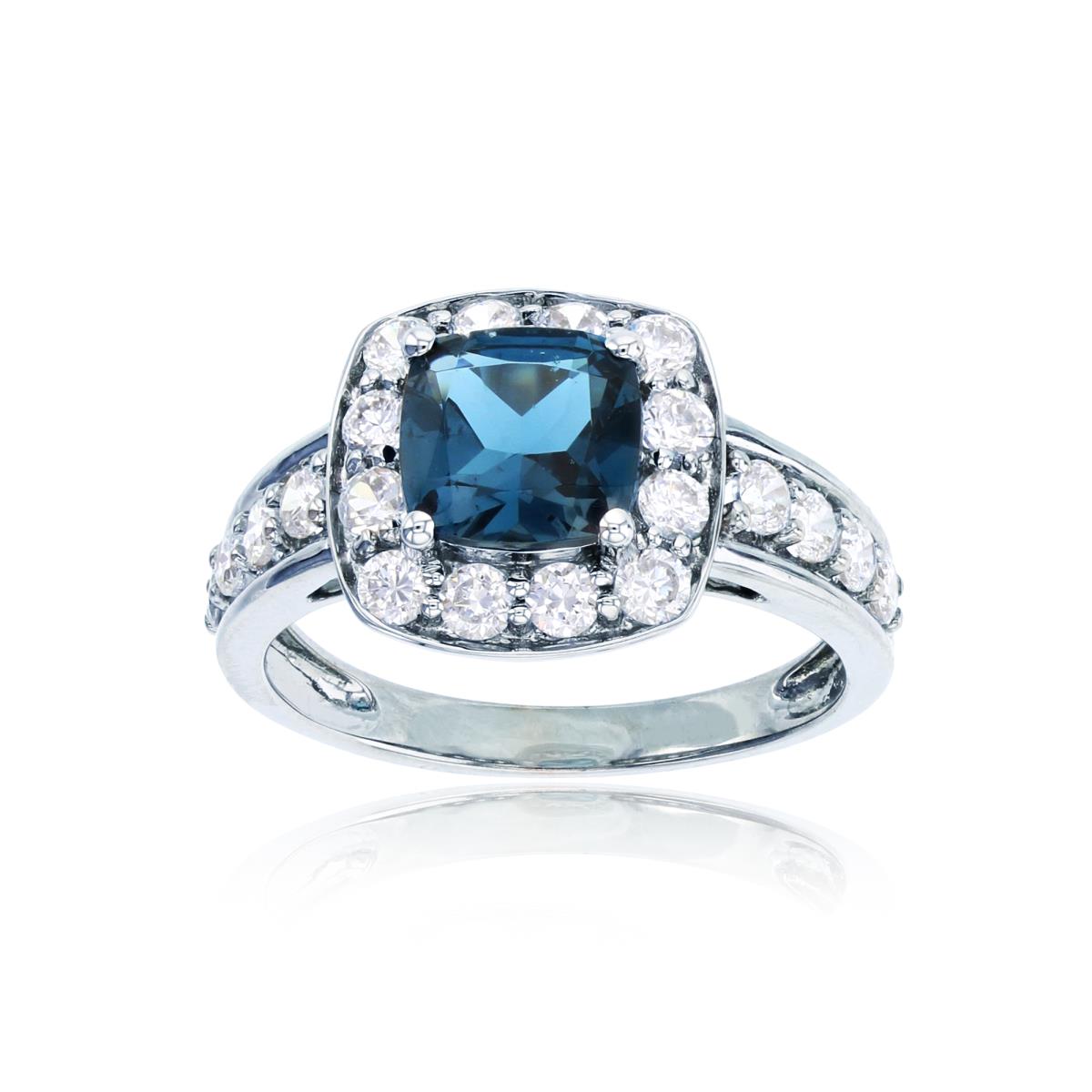 Sterling Silver Rhodium 7mm Cush London Blue Topaz & Rd Cr White Sapphire Halo Ring