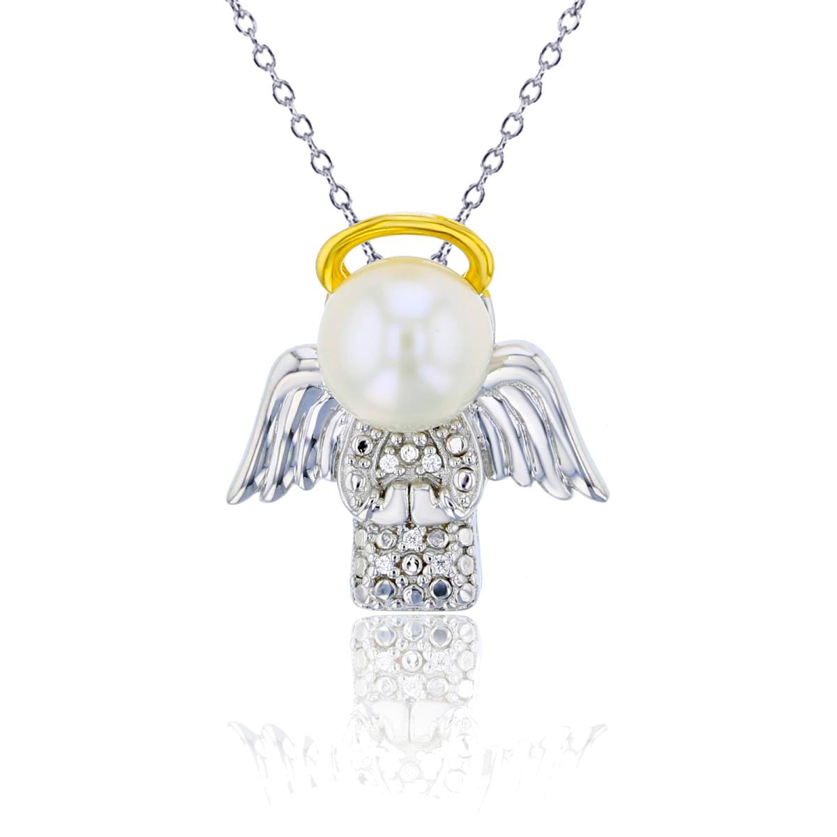 Sterling Silver Yellow & White Diamond  Accent 0.01ctw & White Pearl Angel 18" Necklace