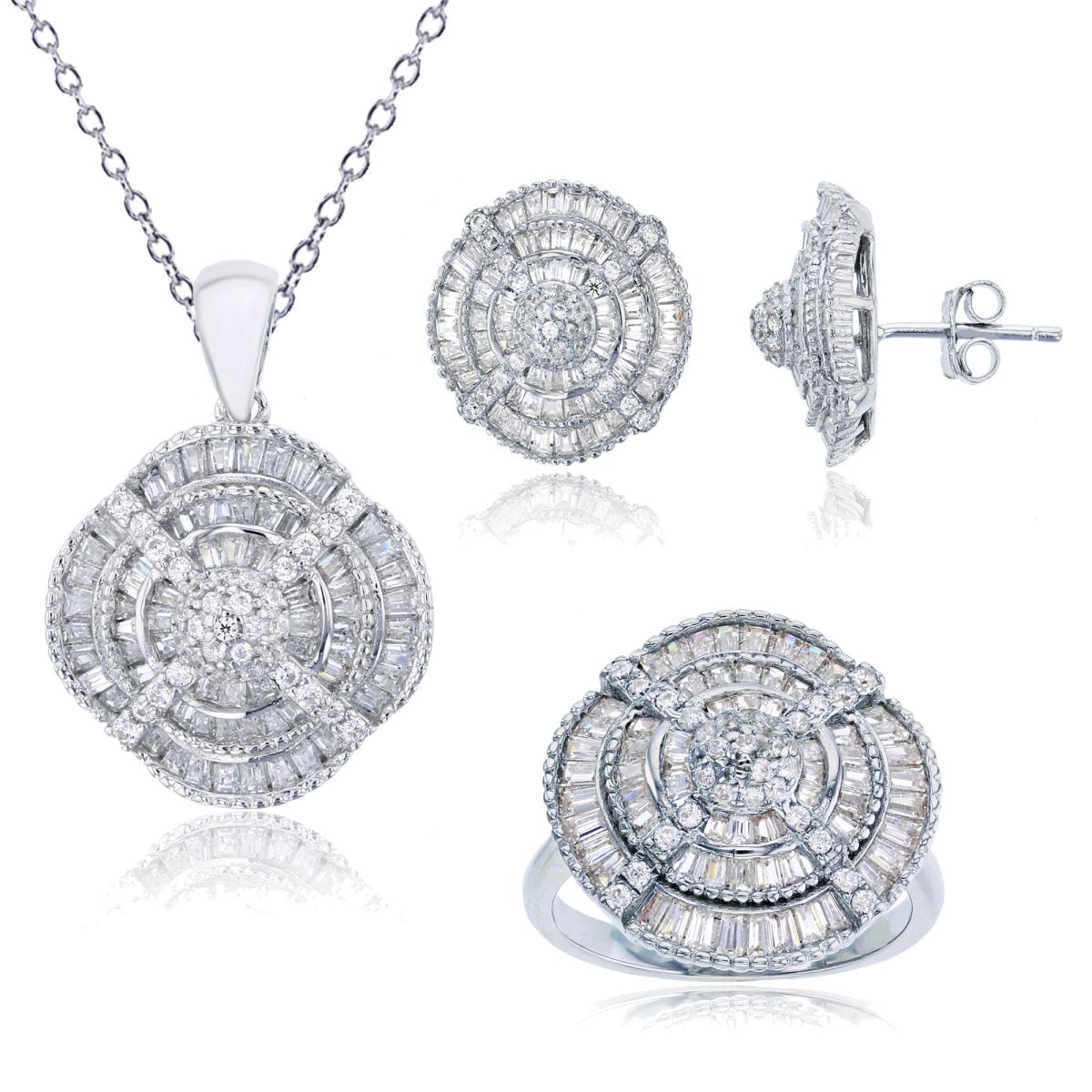 Sterling Silver Rhodium Rnd/Bgt White CZ Gothic 18" Necklace, Ring & Stud Earrings Set