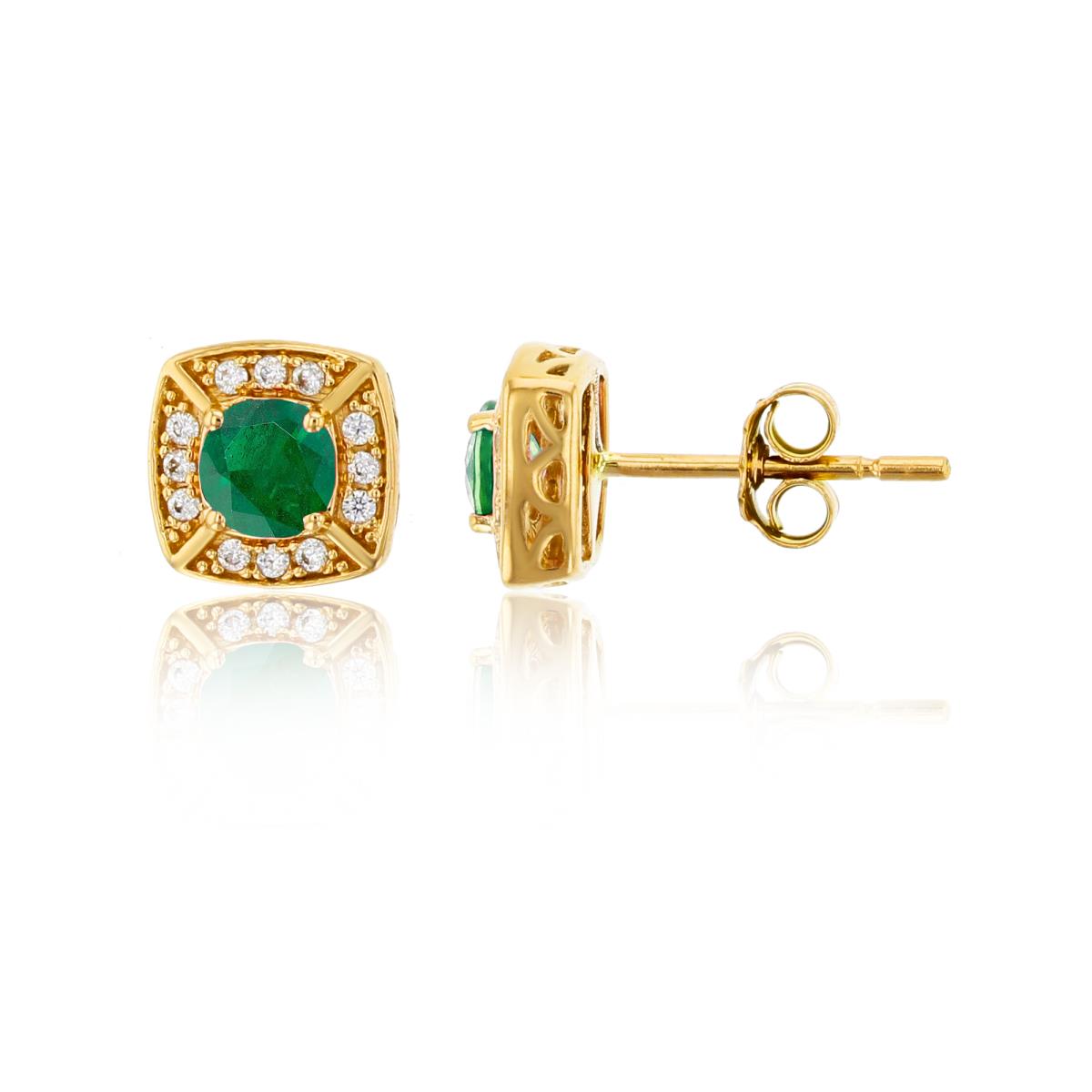 10K Yellow Gold 0.12 CTTW Rd Diamond & 4mm Rd Emerald Cushion Stud Earring