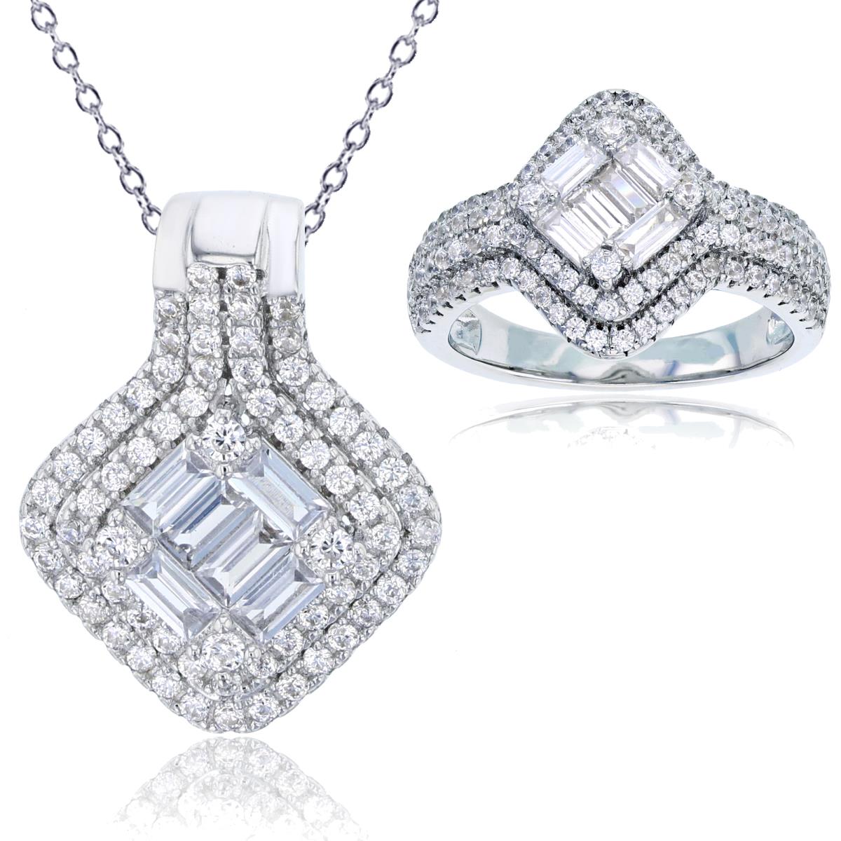 Sterling Silver Rhodium Rnd/Bgt White CZ Double Halo 18" Necklace & Ring Set