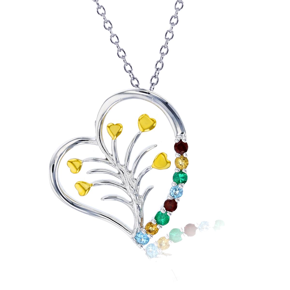 Sterling Silver Rhodium & Yellow 2mm Rnd Multicolor Stones Heart/Tree 18" Necklace