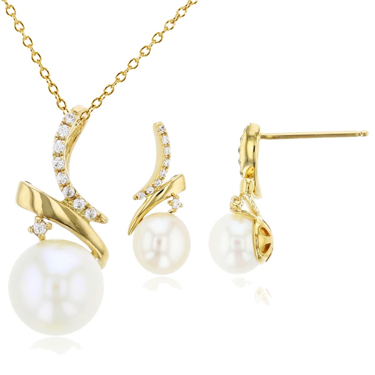 10K Yellow Gold 0.07 CTTW Diamonds & Pearl Pendant & Earring Set