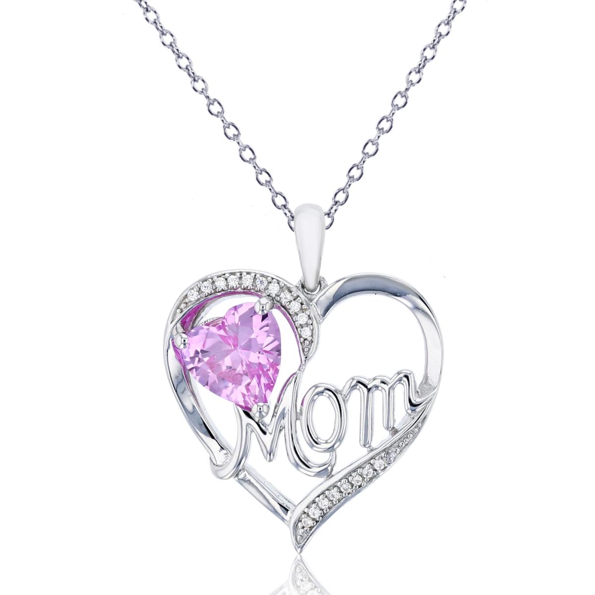 Sterling Silver Rhodium 7mm Heart Cr Pink Sapphire & 0.05 CTTW Diamond Heart Mom 18"Necklace