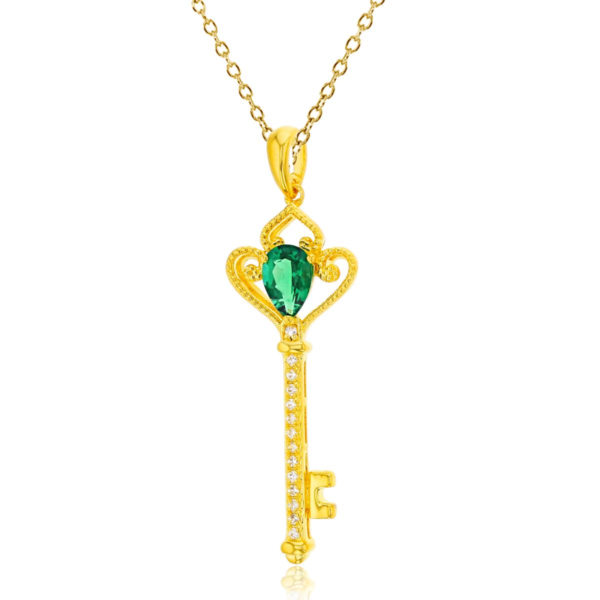 Sterling Silver Yellow Pear Cr Emerald & Rd Cr White Sapphire Milgrain Key 18" Necklace
