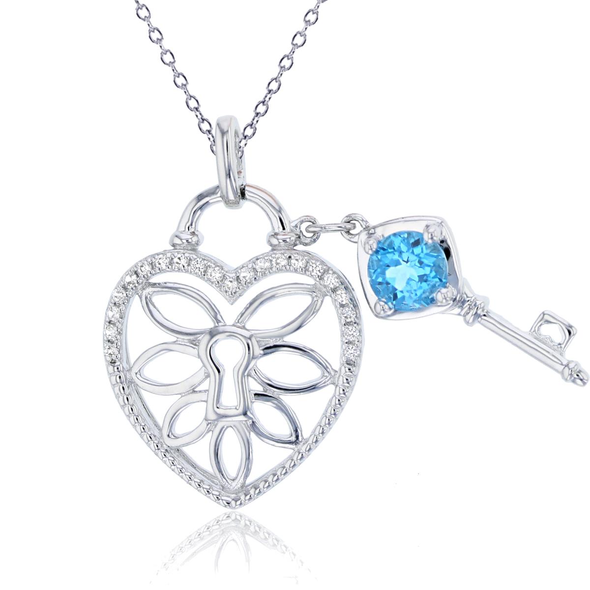 Sterling Silver Rhodium 5mm Rnd Swiss Blue Topaz & White Topaz Heart/Key 18" Necklace