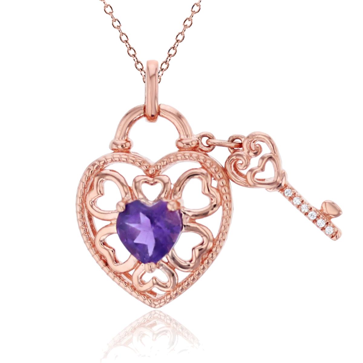 Sterling Silver Rose 0.02 CTTW Diamond & 6mm Heart Amethyst Heart/Key 18" Necklace